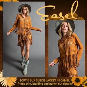 EASEL Faux Suede Jacket Cutout Details Braiding & Long Fringe (Skirt Available!)